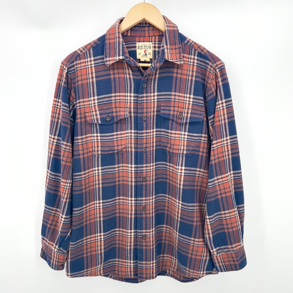 RedHead Brand Co Plaid Flannel Button Down Shirt M Navy Orange Brushed Cotton